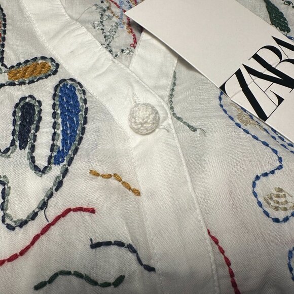 White Cotton Blouse w/ Colorful Embroidery - Picture 5 of 9